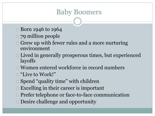 Baby Boomers
Born 1946 to 1964
79 million people
Grew up with fewer rules and a more nurturing
environment
Lived in generally prosperous times, but experienced
layoffs
Women entered workforce in record numbers
“Live to Work!”
Spend “quality time” with children
Excelling in their career is important
Prefer telephone or face-to-face communication
Desire challenge and opportunity
 