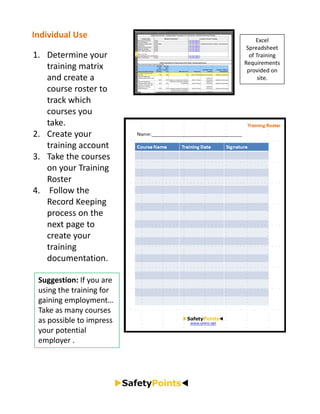 Individual Use                  Excel 
                            Spreadsheet 
1. Determine your            of Training 
                           Requirements 
   training matrix          provided on 
   and create a                  site.
   course roster to 
   track which 
   courses you 
   take.
2. Create your 
   training account
3. Take the courses 
   on your Training 
   Roster
4. Follow the 
   Record Keeping 
   process on the 
   next page to 
   create your 
   training 
   documentation.

 Suggestion: If you are 
 using the training for 
 gaining employment… 
 Take as many courses 
 as possible to impress 
 your potential 
 employer .
 