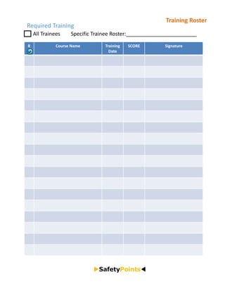 Training Roster
Required Training
    All Trainees        Specific Trainee Roster:________________________
R            Course Name          Training    SCORE       Signature
                                    Date
 