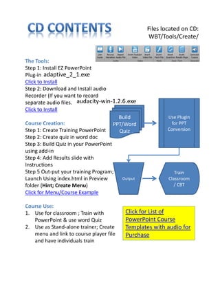 Files located on CD: 
                                                  WBT/Tools/Create/


The Tools:
Step 1: Install EZ PowerPoint 
Plug‐in adaptive_2_1.exe
Click to Install
Step 2: Download and Install audio 
Recorder (If you want to record 
separate audio files. audacity‐win‐1.2.6.exe
Click to Install
                                        Build             Use Plugin 
Course Creation:                      PPT/Word              for PPT 
Step 1: Create Training PowerPoint      Quiz              Conversion
Step 2: Create quiz in word doc
Step 3: Build Quiz in your PowerPoint 
using add‐in
Step 4: Add Results slide with 
Instructions 
Step 5 Out‐put your training Program;                        Train
Launch Using index.html in Preview       Output           Classroom 
folder (Hint; Create Menu)                                   / CBT
Click for Menu/Course Example

Course Use:
1. Use for classroom ; Train with         Click for List of 
   PowerPoint & use word Quiz             PowerPoint Course 
2. Use as Stand‐alone trainer; Create     Templates with audio for 
   menu and link to course player file    Purchase
   and have individuals train
 