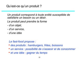 Qu’est-ce qu’un produit ?
Un produit correspond à toute entité susceptible de
satisfaire un besoin ou un désir.
Le produit peut prendre la forme
- d’un objet,
- d’un service,
- d’une idée
Le fast-food propose :
• des produits : hamburgers, frites, boissons
• un service : possibilité de s’asseoir et de consommer
• et une idée : gagner du temps
22
 