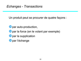 Echanges - Transactions
Un produit peut se procurer de quatre façons :
par auto-production,
par la force (en le volant par exemple)
par la supplication
par l’échange
24
 