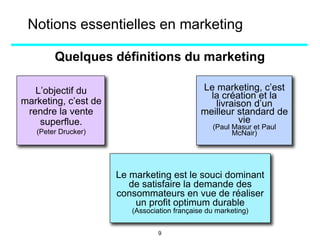 Quelques définitions du marketing
L’objectif du
marketing, c’est de
rendre la vente
superflue.
(Peter Drucker)
Le marketing, c’est
la création et la
livraison d’un
meilleur standard de
vie
(Paul Masur et Paul
McNair)
Le marketing est le souci dominant
de satisfaire la demande des
consommateurs en vue de réaliser
un profit optimum durable
(Association française du marketing)
Notions essentielles en marketing
9
 