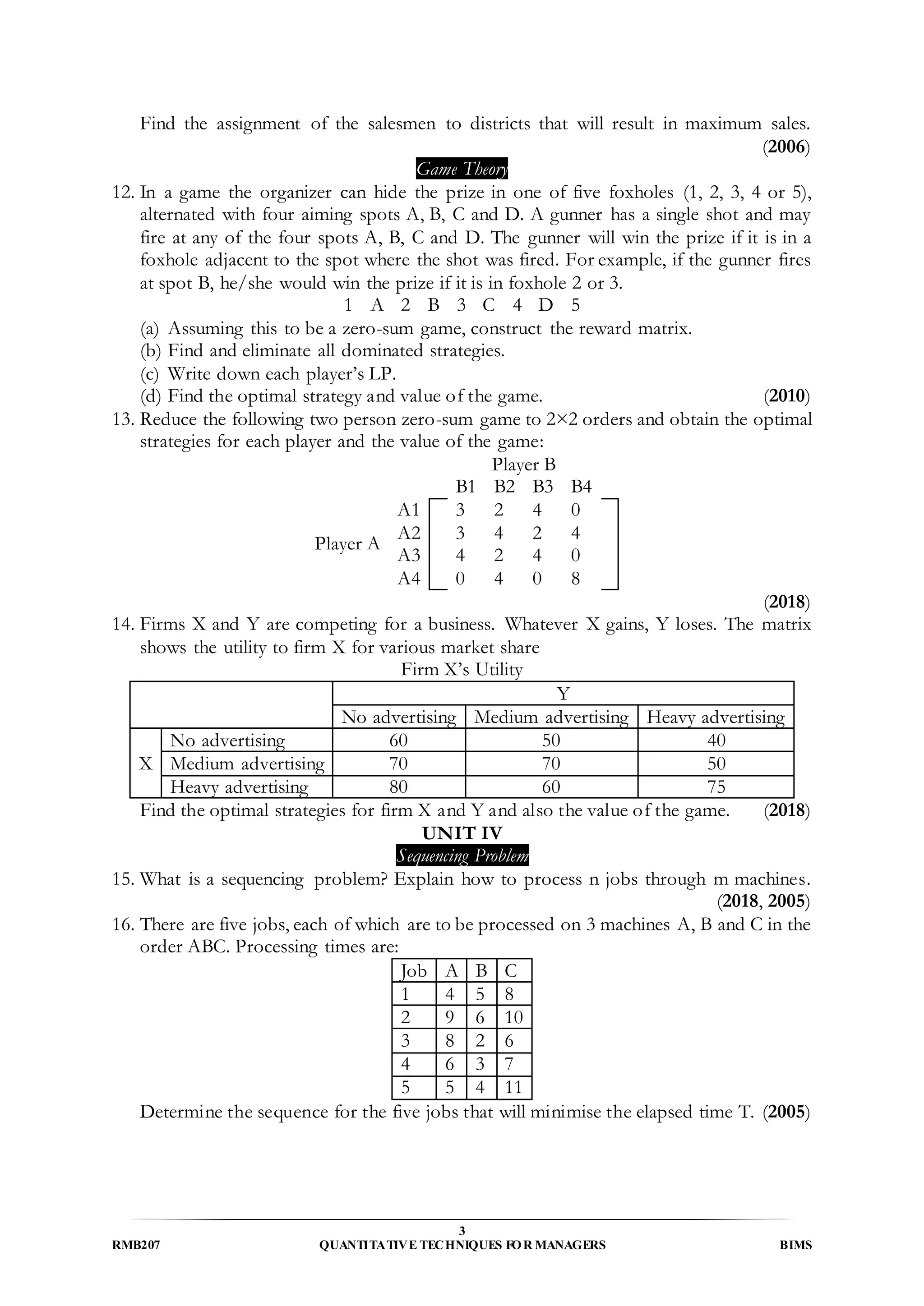3
RMB207 QUANTITATIVE TECHNIQUES FOR MANAGERS BIMS
Find the assignment of the salesmen to districts that will result in maximum sales.
(2006)
Game Theory
12. In a game the organizer can hide the prize in one of five foxholes (1, 2, 3, 4 or 5),
alternated with four aiming spots A, B, C and D. A gunner has a single shot and may
fire at any of the four spots A, B, C and D. The gunner will win the prize if it is in a
foxhole adjacent to the spot where the shot was fired. For example, if the gunner fires
at spot B, he/she would win the prize if it is in foxhole 2 or 3.
1 A 2 B 3 C 4 D 5
(a) Assuming this to be a zero-sum game, construct the reward matrix.
(b) Find and eliminate all dominated strategies.
(c) Write down each player’s LP.
(d) Find the optimal strategy and value of the game. (2010)
13. Reduce the following two person zero-sum game to 2×2 orders and obtain the optimal
strategies for each player and the value of the game:
Player B
B1 B2 B3 B4
Player A
A1 3 2 4 0
A2 3 4 2 4
A3 4 2 4 0
A4 0 4 0 8
(2018)
14. Firms X and Y are competing for a business. Whatever X gains, Y loses. The matrix
shows the utility to firm X for various market share
Firm X’s Utility
Y
No advertising Medium advertising Heavy advertising
X
No advertising 60 50 40
Medium advertising 70 70 50
Heavy advertising 80 60 75
Find the optimal strategies for firm X and Y and also the value of the game. (2018)
UNIT IV
Sequencing Problem
15. What is a sequencing problem? Explain how to process n jobs through m machines.
(2018, 2005)
16. There are five jobs, each of which are to be processed on 3 machines A, B and C in the
order ABC. Processing times are:
Job A B C
1 4 5 8
2 9 6 10
3 8 2 6
4 6 3 7
5 5 4 11
Determine the sequence for the five jobs that will minimise the elapsed time T. (2005)
 