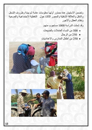 ‫ل‬ ‫الشر‬ ‫وظرروف‬ ‫بيئرة‬ ‫ر‬ ‫عامرة‬ ‫معلومرات‬ ‫أولارا‬ ‫محراور‬ ‫عدة‬ ‫االستبيان‬ ‫وتعمن‬
‫والتنقل‬‫الش‬ ‫والعالقة‬‫لية‬‫حول‬ ‫الثالث‬ ‫والمحور‬‫االجتماعيرة‬ ‫طية‬ ‫الت‬‫والصرحية‬
‫ونظاا‬‫العطل‬‫و‬‫األجور‬
‫شملت‬ ‫وقد‬‫الدراسة‬1000‫مستجو‬: ‫منا‬
500‫بالعيعات‬ ‫العامالت‬ ‫النساء‬ ‫من‬
250‫الرجال‬ ‫من‬
250‫أطفال‬ ‫من‬‫واالعداديات‬ ‫المدارا‬
12
 