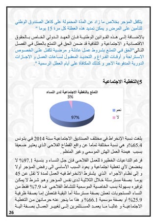 ‫الم‬ ‫عن‬ ‫زاد‬ ‫ما‬ ‫بخال‬ ‫المسجر‬ ‫يتكفل‬‫د‬‫ة‬‫الوطني‬ ‫الصندوق‬ ‫ااهل‬ ‫على‬ ‫المحمولة‬
‫مرة‬ ‫ال‬ ‫العطلة‬ ‫ه‬ ‫ه‬ ‫تمديد‬ ‫يمكن‬ ‫و‬ ‫المرض‬ ‫على‬ ‫للتأمين‬15" ‫يوما‬
‫باال‬‫رر‬‫ر‬‫ض‬‫ررالحقوق‬‫ر‬‫ب‬ ‫ررا‬‫ر‬‫الخ‬ ‫رردولي‬‫ر‬‫ال‬ ‫ررد‬‫ر‬‫العا‬ ‫ن‬ ‫رر‬‫ر‬‫ف‬ ‫ررة‬‫ر‬‫الوطني‬ ‫رروانين‬‫ر‬‫الق‬ ‫ه‬ ‫رر‬‫ر‬‫ه‬ ‫ررى‬‫ر‬‫إل‬ ‫افة‬
‫الفصرل‬ ‫فري‬ ‫بالعطل‬ ‫التمت‬ ‫في‬ ‫الحق‬ ‫ضمن‬ ‫قد‬ ‫الثقافية‬ ‫و‬ ‫االجتماعية‬ ‫و‬ ‫االقتصادية‬
‫رالي‬‫ر‬‫الت‬‫ر‬‫ر‬‫التمت‬ ‫ري‬‫ر‬‫ف‬ ‫"الحق‬‫رو‬‫ر‬‫الخص‬ ‫رى‬‫ر‬‫عل‬ ‫رل‬‫ر‬‫تكف‬ ‫رية‬‫ر‬‫مرض‬ ‫و‬ ‫رة‬‫ر‬‫عادل‬ ‫رل‬‫ر‬‫عم‬ ‫رروط‬‫ر‬‫بش‬
‫ررازات‬‫ر‬‫االج‬ ‫و‬ ‫ررل‬‫ر‬‫العم‬ ‫رراعات‬‫ر‬‫لس‬ ‫ررول‬‫ر‬‫المعق‬ ‫ررد‬‫ر‬‫التحدي‬ ‫و‬ ‫ررراي‬‫ر‬‫الف‬ ‫ررات‬‫ر‬‫أوق‬ ‫و‬ ‫ررتراحة‬‫ر‬‫االس‬
" ‫الرسمية‬ ‫العطل‬ ‫أياا‬ ‫على‬ ‫المكافأة‬ ‫ل‬ ‫ا‬ ‫و‬ ‫االجر‬ ‫المدفوعة‬ ‫الدورية‬.
5)‫االجتماعية‬ ‫التغطية‬
‫سرنة‬ ‫االجتماعيرة‬ ‫الصناديق‬ ‫مختلف‬ ‫في‬ ‫اإلنخراط‬ ‫نسبة‬ ‫ت‬ ‫بل‬2014‫فري‬‫ب‬‫ترونس‬
65.4%‫يعتيرر‬ ‫ي‬ ‫الر‬ ‫الفالحي‬ ‫القطاع‬ ‫واق‬ ‫عن‬ ‫تماما‬ ‫مختلفة‬ ‫نسبة‬ ‫هي‬ ‫و‬‫ضرعيفا‬
‫الاش‬ ‫العمل‬ ‫هيمنة‬ ‫بسبب‬‫الموسمي‬‫و‬‫المنظ‬ ‫غير‬.
‫ف‬‫رغ‬‫النسرا‬ ‫جرل‬ ‫ن‬ ‫فر‬ ‫الفالحري‬ ‫للعمرل‬ ‫الخطيررة‬ ‫التداعيات‬‫ء‬‫بن‬ ‫و‬‫سربة‬97.1%‫ال‬
‫اجتماعية‬ ‫طية‬ ‫ت‬ ‫ألي‬ ‫يخععن‬‫الى‬ ‫األساسي‬ ‫السبب‬ ‫يعود‬ ‫و‬‫أوال‬ ‫المرسجر‬ ‫رفرا‬
‫إل‬ ‫و‬‫األجرراء‬ ‫نظراا‬ ‫ى‬‫ي‬ ‫الر‬‫ا‬ ‫يشرترط‬‫عرن‬ ‫تقرل‬ ‫ال‬ ‫لمردة‬ ‫العمرل‬ ‫فيره‬ ‫النخرراط‬45
‫را‬‫ر‬‫يوم‬‫رلة‬‫ر‬‫مسترس‬ ‫رفة‬‫ر‬‫بص‬‫رن‬‫ر‬‫يمك‬ ‫ال‬ ‫ررط‬‫ر‬‫ش‬ ‫رو‬‫ر‬‫وه‬ ‫رسجر‬‫ر‬‫الم‬ ‫رس‬‫ر‬‫نف‬ ‫ردم‬‫ر‬‫ل‬ ‫رة‬‫ر‬‫ي‬ ‫الثال‬ ‫رالل‬‫ر‬‫خ‬
‫ال‬ ‫بسب‬ ‫بساولة‬ ‫توفيره‬‫خاصرية‬‫ف‬ ‫الفالحري‬ ‫للنشراط‬ ‫الموسرمية‬7.9%‫مرن‬ ‫فقر‬
‫مستر‬ ‫بصفة‬ ‫تعملن‬ ‫المستجوبات‬ ‫النساء‬‫بصرفة‬ ‫إمرا‬ ‫فرتعملن‬ ‫البقيرة‬ ‫أما‬ ‫سلة‬‫ظ‬‫رفيرة‬
25.9%‫موسمية‬ ‫بصفة‬ ‫أو‬66.1%‫طيرة‬ ‫الت‬ ‫مرن‬ ‫حرمرانان‬ ‫عنه‬ ‫ينجر‬ ‫ما‬ ‫ا‬ ‫ه‬ ‫و‬
‫اال‬‫ررة‬‫ر‬‫جتماعي‬‫المسرررتثمرين‬ ‫يعمرررد‬ ‫مرررا‬ ‫غالبرررا‬ ‫و‬‫إ‬‫اليرررة‬ ‫بصرررفة‬ ‫العمرررال‬ ‫ييرررر‬ ‫ت‬ ‫لرررى‬
97%
3%
‫ننننننننننن‬‫ايتمتعنبييتغطيةناالجتميعيةنيدىناينسيء‬
‫نع‬
‫م‬
26
 