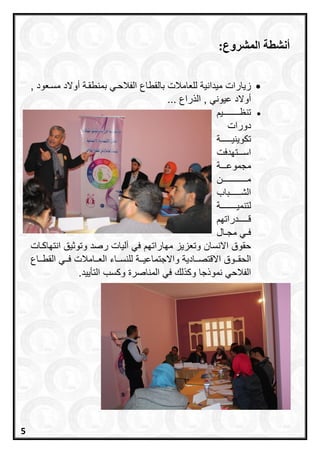 ‫المشروع‬ ‫أنشطة‬:
‫زيار‬‫ات‬‫ل‬ ‫ميدانية‬‫لعامال‬‫عود‬‫مد‬ ‫داومد‬ ‫ة‬‫امناط‬ ‫ب‬‫اللالح‬ ‫االطاا‬ ‫ت‬,
‫عيونب‬ ‫داومد‬‫الذرا‬ ,...
‫ي‬ ‫تنظ‬
‫دورات‬
‫ة‬ ‫تكويني‬
‫ت‬ ‫د‬ ‫ت‬ ‫اد‬
‫ة‬ ‫مجموع‬
‫م‬
‫اا‬ ‫الش‬
‫ة‬ ‫لتنمي‬
‫درات‬ ‫ق‬
‫ا‬ ‫مج‬ ‫ب‬
‫امندا‬ ‫حطوق‬‫وتعزيز‬‫ارات‬ ‫م‬‫آليات‬ ‫ب‬‫رصد‬‫ات‬‫اك‬ ‫انت‬ ‫وتوثيق‬
‫ادية‬ ‫امقتص‬ ‫وق‬ ‫الحط‬‫اء‬ ‫للند‬ ‫ة‬ ‫وامجتماعي‬‫ا‬ ‫الطا‬ ‫ب‬ ‫امالت‬ ‫الع‬
‫نموذجا‬ ‫اللالحب‬‫ب‬ ‫وكذلك‬‫المناصرة‬.‫التأييد‬ ‫وكد‬
5
 