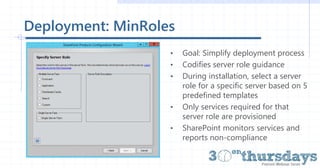 Deployment: MinRoles
• Goal: Simplify deployment process
• Codifies server role guidance
• During installation, select a s...