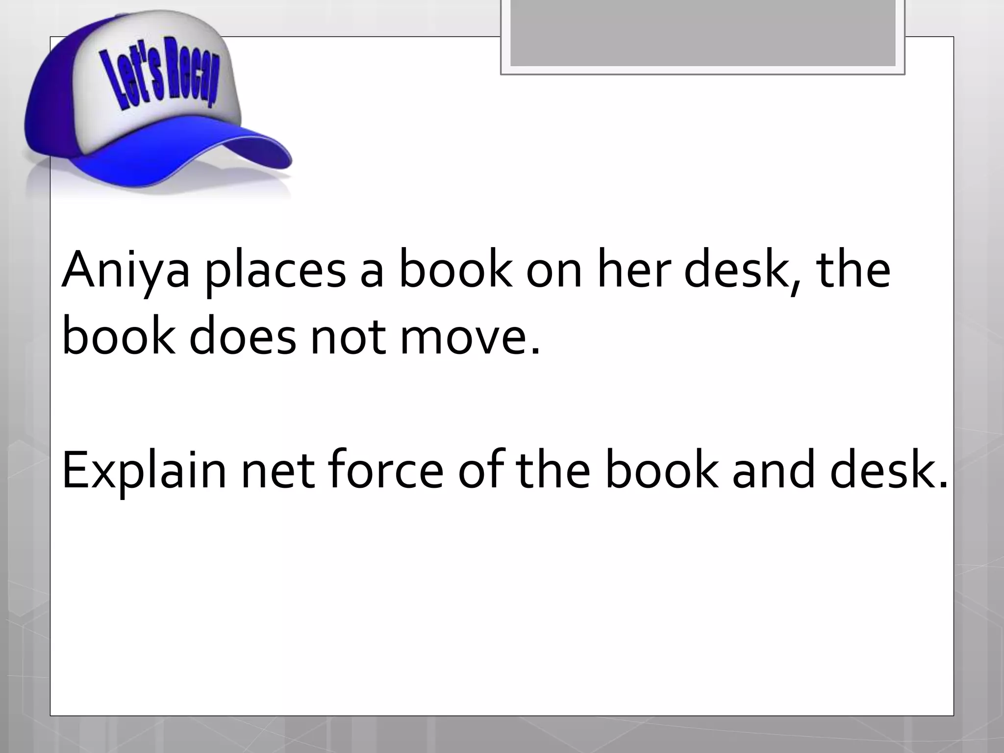 Aniya places a book on her desk, the
book does not move.
Explain net force of the book and desk.
 