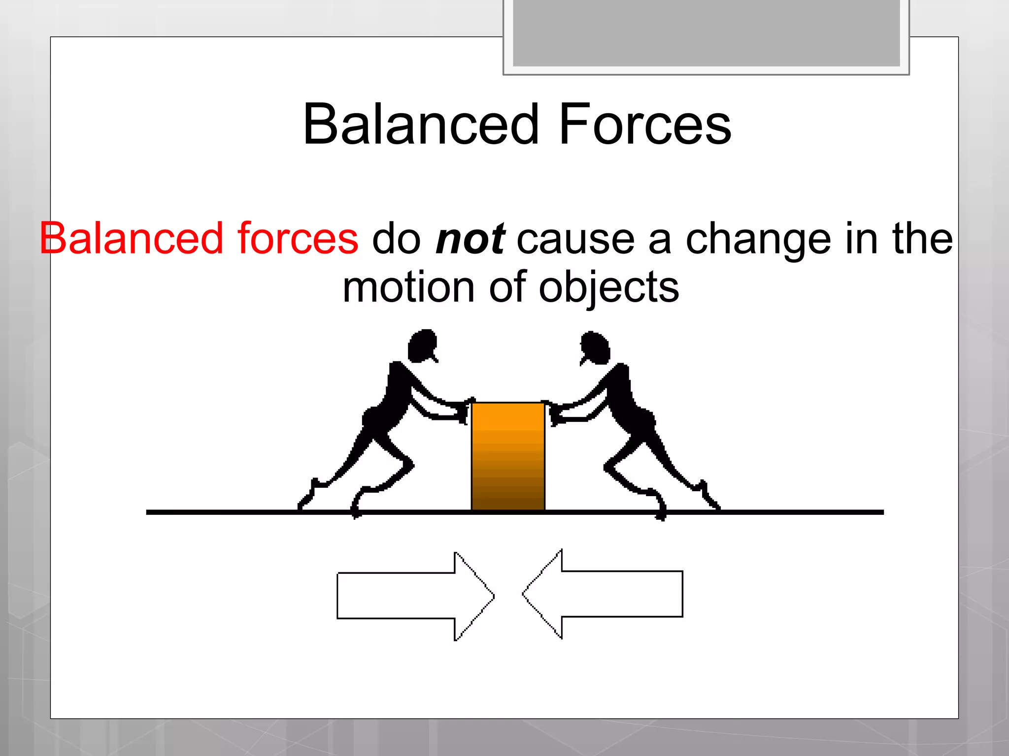 Balanced Forces
Balanced forces do not cause a change in the
motion of objects
 