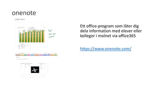onenote
Ett office-program som låter dig
dela information med elever eller
kollegor i molnet via office365
https://www.onenote.com/
 
