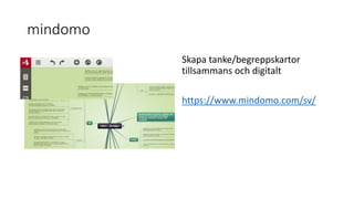 mindomo
Skapa tanke/begreppskartor
tillsammans och digitalt
https://www.mindomo.com/sv/
 