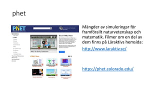 phet
Mängder av simuleringar för
framförallt naturvetenskap och
matematik. Filmer om en del av
dem finns på Läraktivs hemsida:
http://www.laraktiv.se/
https://phet.colorado.edu/
 