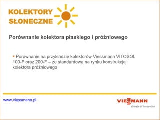 Porównanie kolektora płaskiego i próżniowego


     Porównanie na przykładzie kolektorów Viessmann VITOSOL
    100-F oraz 200-F – ze standardową na rynku konstrukcją
    kolektora próżniowego




www.viessmann.pl
 