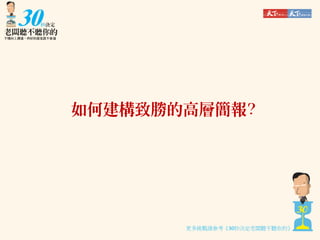 如何建構致勝的高層簡報?

更多挑戰請參考《30秒決定老闆聽不聽你的》

 