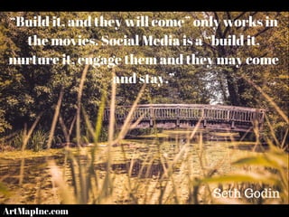 “Build it, and they will come” only works in
the movies. Social Media is a “build it,
nurture it, engage them and they may come
and stay.”
Seth Godin
ArtMapInc.com
 