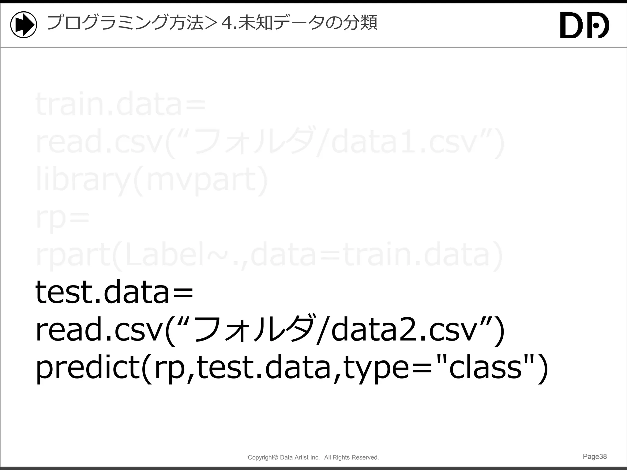 Copyright© Data Artist Inc. All Rights Reserved. Page38Page38Page38Page38
プログラミング方法＞4.未知データの分類
train.data=
read.csv(“フォルダ/data1.csv”)
library(mvpart)
rp=
rpart(Label~.,data=train.data)
test.data=
read.csv(“フォルダ/data2.csv”)
predict(rp,test.data,type="class")
 