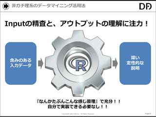 Copyright© Data Artist Inc. All Rights Reserved. Page15Page15Page15Page15
非ガチ理系のデータマイニング活用法
『なんかたぶんこんな感じ原理』で充分！！
自分で実装できる必要なし！！
含みのある
入力データ
深い
定性的な
説明
Inputの精査と、アウトプットの理解に注力！
 