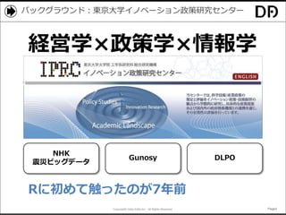 Copyright© Data Artist Inc. All Rights Reserved. Page3Page3Page3Page3
バックグラウンド：東京大学イノベーション政策研究センター
経営学×政策学×情報学
NHK
震災ビッグデータ
DLPOGunosy
Rに初めて触ったのが7年前
 