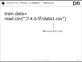 Copyright© Data Artist Inc. All Rights Reserved. Page35Page35Page35Page35
プログラミング方法＞1.学習用データ読み込む
train.data=
read.csv(“フォルダ/data1.csv”)
事前にExcelできれいに作る。
 