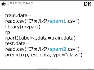 Copyright© Data Artist Inc. All Rights Reserved. Page42Page42Page42Page42
分類木にかけてみよう
train.data=
read.csv(“フォルダ/spam1.csv”)
library(mvpart)
rp=
rpart(Label~.,data=train.data)
test.data=
read.csv(“フォルダ/spam2.csv”)
predict(rp,test.data,type="class")
 