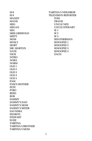 M8                      TABITHA’S NEIGHBOR
M9                      TELEVISION REPORTER
MANDY                       TOM
MAVIS                       TRAVIS
MEG                         UNCLE NED
MEGAN                       UNCLE STEWART
MIA                         W1
MISS GRISWOLD               W2
MISTY                       W3
MOM                         WEATHERMAN
MOM 2                       WHOOPEE 1
MORT                        WHOOPEE 2
MR. MORTON                  WHOOPEE 3
NATE                        WHOOPEE 4
NICK                        ZACH
NITRO
NORA
NORM
OLD 1
OLD 2
OLD 3
OLD 4
OLD 5
PAM
PAM’S MOTHER
PETE
PYRO
REED
ROB
SAMMY
SAMMY’S DAD
SAMMY’S MOM
SAMMY’S SISTER
SAUNDRA
SHARON
STEWART
SUSIE
TABITHA
TABITHA’S BROTHER
TABITHA’S MOM

                    7
 