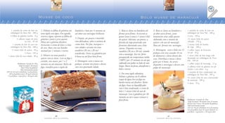 40
F A Z E N D O A R T E N A C O Z I N H A
41
F A Z E N D O A R T E N A C O Z I N H A
1 caixinha de creme de leite em
embalagem da Tetra Pak . 200 g
3 ovos . 150 g
1½ xícara (chá) de açúcar
refinado . 270 g
2 xícaras (chá) de farinha
de trigo . 240 g
1 colher (sopa) de fermento
em pó . 10 g
1 xícara (chá) de leite longa vida
desnatado em embalagem da Tetra
Pak . 240 ml
1 colher (sopa) de manteiga . 12 g
4 colheres (chá) de gelatina em pó
incolor e sem sabor . 6 g
1 caixinha de leite condensado em
embalagem da Tetra Pak . 395 g
1½ xícara (chá) de suco concentrado
de maracujá . 240 g
2 claras . 70 g
Bolo musse de maracujá
1. Bata as claras na batedeira até
formar picos firmes. Acrescente as
gemas (uma a uma) e 1 xícara (chá)
de açúcar. Adicione, aos poucos, a
farinha de trigo peneirada com
fermento alternando com o leite
morno. Disponha em uma
assadeira (26 cm x 20 cm), untada
com a manteiga. Asse em forno
preaquecido em temperatura média
(180ºC) por 25 minutos ou até que
enfiando um palito no bolo ele saia
limpo. Retire do forno, desenforme o
bolo e reserve.
2. Em uma tigela refratária,
hidrate a gelatina em 8 colheres
(sopa) de água, leve ao fogo em
banho-maria até dissolver. Retire
do fogo e bata no liquidificador
com o leite condensado, o creme de
leite e 1 xícara (chá) de suco de
maracujá. Leve à geladeira por 30
minutos ou até a musse começar a
ficar firme.
3. Bata as claras na batedeira e,
ao obter picos firmes, junte
lentamente uma calda quente
elaborada com o restante do
açúcar e do suco de maracujá .
Bata até formar um merengue.
4. Montagem: corte o bolo em 12
pedaços com aros vazados (6 cm
de diâmetro) e deixe dentro dos
aros. Distribua a musse e deixe
gelar por 4 horas. Ao servir,
disponha o merengue e decore com
polpa de maracujá.
Rendimento: 12 porções de 150 g
Tempo de preparo: 40 minutos (mais 25 minutos
de forno mais 4 horas e 30 minutos de geladeira)
Valor nutricional por porção
355 Cal; 59 g de carboidratos; 8,5 g de proteínas;
9,5 g de gorduras totais; 81 mg de colesterol; 2,5
g de fibras; 1 mg de ferro; e 124 mg de cálcio
Musse de coco
1 caixinha de creme de leite em
embalagem da Tetra Pak . 200 g
4 folhas de gelatina incolor . 8 g
3 colheres (sopa) de jerez
ou rum . 45 ml
1 caixinha de leite de coco em
embalagem da Tetra Pak . 200 g
½ xícara (chá) de açúcar . 90 g
3 claras . 105 g
1 xícara (chá) de coco ralado . 80 g
1. Hidrate as folhas de gelatina em
uma tigela com água. Em seguida,
escorra a água, esprema as folhas de
gelatina e junte o jerez quente.
Mexa até a gelatina dissolver.
Acrescente o creme de leite e o leite
de coco. Bata com um batedor
manual por 1 minuto e reserve.
2. Misture em uma panela o
açúcar com as claras. Leve ao fogo e
cozinhe, sem mexer, por 1 a 2
minutos ou até amornar. Retire do
fogo, transfira para a tigela da
Rendimento: 6 porções de 150 g
Tempo de preparo: 20 minutos
(mais 6 horas de geladeira)
Valor nutricional por porção
310 Cal; 24,5 g de carboidratos; 5 g de proteínas;
20,5 g de gorduras totais; 29 mg de colesterol;
1,5 g de fibras; 1 mg de ferro; e 40 mg de cálcio
batedeira e bata por 4 minutos ou
até obter um merengue brilhante.
3. Despeje, aos poucos e mexendo
com delicadeza, sobre a mistura de
creme leite. Por fim, incorpore o
coco ralado e arrume em uma
assadeira (26 cm x 20 cm)
umedecida. Deixe na geladeira por
6 horas ou até ficar bem firme.
4. Montagem: corte a musse em
pedaços, arrume nos pratos e decore
com coco queimado ralado.
 