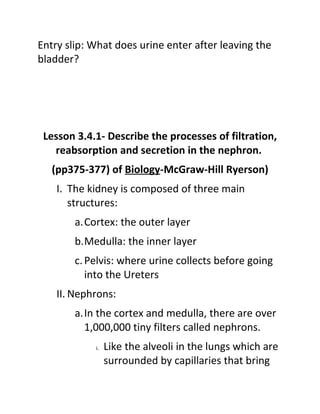 Entry slip: What does urine enter after leaving the
bladder?




 Lesson 3.4.1- Describe the processes of filtration,
   reabsorption and secretion in the nephron.
   (pp375-377) of Biology-McGraw-Hill Ryerson)
    I. The kidney is composed of three main
       structures:
        a.Cortex: the outer layer
        b.Medulla: the inner layer
        c. Pelvis: where urine collects before going
           into the Ureters
    II. Nephrons:
        a.In the cortex and medulla, there are over
          1,000,000 tiny filters called nephrons.
            i.   Like the alveoli in the lungs which are
                 surrounded by capillaries that bring
 