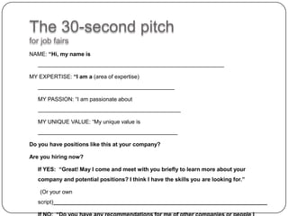 The 30-second pitchfor job fairs NAME: “Hi, my name is  ____________________________________________________________ MY EXPERTISE: “I am a (area of expertise)  ____________________________________________ 	MY PASSION: “I am passionate about  ______________________________________________ 	MY UNIQUE VALUE: “My unique value is _____________________________________________ Do you have positions like this at your company?  Are you hiring now?  	If YES:  “Great! May I come and meet with you briefly to learn more about your company and potential positions? I think I have the skills you are looking for.” (Or your own script)_____________________________________________________________________  	If NO:  “Do you have any recommendations for me of other companies or people I should talk to?  © ARBEZ Inc. 2009 www.jobhuntworkshop.com 