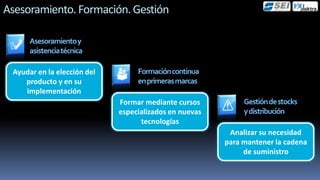 Asesoramiento. Formación. Gestión

      Asesoramiento y
      asistencia técnica

 Ayudar en la elección del        Formación continua
    producto y en su              en primeras marcas
    implementación
                             Formar mediante cursos          Gestión de stocks
                             especializados en nuevas        y distribución
                                   tecnologías
                                                         Analizar su necesidad
                                                        para mantener la cadena
                                                             de suministro
 