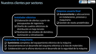 Nuestros clientes por sectores

                                                      Empresa usuaria final
                                                       Asesoramiento y adecuaciones
            Instalador eléctrico                        en instalaciones, procesos y
             Elaboración de ofertas a partir de        maquinaria
              presupuestos de ingeniería               Gestión de stocks predefinidos
             Diseño de cuadros eléctricos de
              distribución en baja tensión
             Realización de estudios de domótica,
              iluminación y climatización

  Fabricante de maquinaria
   Suministros completos del equipamiento eléctrico de la máquina
   Asesoramiento en el desarrollo del esquema eléctrico y la lista de materiales
   Colaboración con la oficina técnica en el desarrollo de la seguridad de la máquina
 