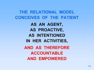 THE RELATIONAL MODEL
CONCEIVES OF THE PATIENT
AS AN AGENT,
AS PROACTIVE,
AS INTENTIONED
IN HER ACTIVITIES,
AND AS THEREFORE
ACCOUNTABLE
AND EMPOWERED
133
 