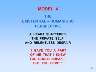 MODEL 4
THE
EXISTENTIAL – HUMANISTIC
PERSPECTIVE
A HEART SHATTERED,
THE PRIVATE SELF,
AND RELENTLESS DESPAIR
“I GAVE YOU A PART
OF ME THAT I KNEW
YOU COULD BREAK –
BUT YOU DIDN’T”
158
 