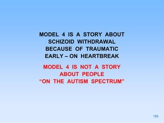 MODEL 4 IS A STORY ABOUT
SCHIZOID WITHDRAWAL
BECAUSE OF TRAUMATIC
EARLY – ON HEARTBREAK
MODEL 4 IS NOT A STORY
ABOUT PEOPLE
“ON THE AUTISM SPECTRUM”
159
 