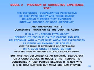 MODEL 2 – PROVISION OF CORRECTIVE EXPERIENCE
“FOR”
THE DEFICIENCY – COMPENSATION PERSPECTIVE
OF SELF PSYCHOLOGY AND THOSE OBJECT
RELATIONS THEORIES THAT EMPHASIZE
INTERNAL ABSENCE OF GOOD (DEFICIENCY)
AND THEREFORE POSITS
CORRECTIVE – PROVISION AS THE CURATIVE AGENT
IT IS A 1½ – PERSON PSYCHOLOGY
BECAUSE ITS FOCUS IS ON THE PATIENT AND HER
RELATIONSHIP WITH A THERAPIST WHOM SHE EXPERIENCES
AS EITHER AN EMPATHIC SELFOBJECT
WHEN THE FRAME OF REFERENCE IS SELF PSYCHOLOGY
OR A GOOD OBJECT / GOOD MOTHER
WHEN THE FRAME OF REFERENCE IS OBJECT RELATIONS THEORY
BUT WHETHER DESCRIBED AS AN EMPATHIC SELFOBJECT
OR A GOOD OBJECT, IN MODEL 2 THE THERAPIST IS
CONSIDERED A HALF PERSON BECAUSE IT IS NOT WHO
SHE IS THAT MATTERS BUT WHAT SHE CAN PROVIDE 209
 