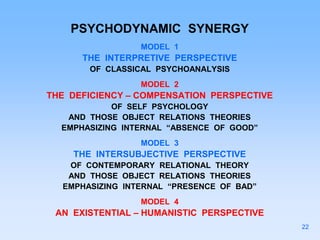 PSYCHODYNAMIC SYNERGY
MODEL 1
THE INTERPRETIVE PERSPECTIVE
OF CLASSICAL PSYCHOANALYSIS
MODEL 2
THE DEFICIENCY – COMPENSATION PERSPECTIVE
OF SELF PSYCHOLOGY
AND THOSE OBJECT RELATIONS THEORIES
EMPHASIZING INTERNAL “ABSENCE OF GOOD”
MODEL 3
THE INTERSUBJECTIVE PERSPECTIVE
OF CONTEMPORARY RELATIONAL THEORY
AND THOSE OBJECT RELATIONS THEORIES
EMPHASIZING INTERNAL “PRESENCE OF BAD”
MODEL 4
AN EXISTENTIAL – HUMANISTIC PERSPECTIVE
22
 