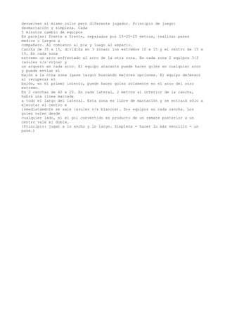 devuelven al mismo color pero diferente jugador. Principio de juego:
desmarcación y simpleza. Cada
5 minutos cambio de equipos
En parejas: frente a frente, separados por 15-20-25 metros, realizar pases
medios o largos a
compañero. Al comienzo al pie y luego al espacio.
Cancha de 35 x 15, dividida en 3 zonas: los extremos 10 x 15 y el centro de 15 x
15. En cada zona
extremo un arco enfrentado al arco de la otra zona. En cada zona 2 equipos 3:3
(azules v/s rojos) y
un arquero en cada arco. El equipo atacante puede hacer goles en cualquier arco
y puede enviar el
balón a la otra zona (pase largo) buscando mejores opciones. El equipo defensor
al recuperar el
balón, en el primer intento, puede hacer goles solamente en el arco del otro
extremo.
En 2 canchas de 40 x 20. En cada lateral, 2 metros al interior de la cancha,
habrá una línea marcada
a todo el largo del lateral. Esta zona es libre de marcación y se entrará sólo a
ejecutar el centro e
inmediatamente se sale (azules v/s blancos). Dos equipos en cada cancha. Los
goles valen desde
cualquier lado, si el gol convertido es producto de un remate posterior a un
centro vale el doble.
(Principio: jugar a lo ancho y lo largo. Simpleza = hacer lo más sencillo = un
pase.)
 