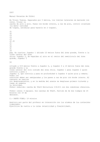 2007
Manual Escuelas de fútbol
En Tríos: Trenza. Separados por 5 metros, los límites laterales se marcarán con
conos. Cruzar la
cancha de arco a arco. Pases con borde interno, a ras de piso, control orientado
(la menor cantidad
de toques, estimular para hacerlo en 2 toques).
J1
J2
J3
J3
J3
J2 J2
J1
J1
J2
J1
J3
pág. En cuartos: Jugador 1 ubicado 10 metros fuera del área grande, frente a la
línea lateral del área
chica; Jugador 2, de espaldas al arco en el centro del semicírculo del área
grande, Jugador 3
50
situado a 6-8 metros frente a Jugador 2, y Jugador 4 a 10 metros fuera del área
grande frente a la
línea lateral del otro costado del área chica. Jugador 1 pasa Jugador 2 quien
controla y pasa a
Jugador 3, que controla y pasa en profundidad a Jugador 4 quien pica y remata.
Todos los
controles deben ser semiparadas y los pases a ras de piso con borde interno. Al
comienzo se realiza
sin desplazamientos, y en la medida del avance se desplazan primero trotando y
luego se aumenta
la velocidad.
Fútbol reducido: cancha de 30x15 Estructura 1+4:4+1 con dos comodines ofensivos.
Fútbol libre: 4 equipos. Dos canchas de 40x25. Partido de de dos tiempos de 25
minutos con 10 de
descanso.
C.- PARTE FINAL: 10 minutos
Análisis por parte del profesor en interacción con los alumnos de los contenidos
trabajados.
Ejercicios de vuelta a la calma (elasticidad y flexibilidad).
 