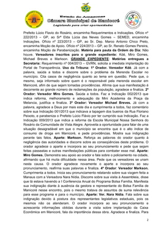 Prefeito Lúcio Flavio do Rosário, encaminha Requerimentos e Indicações. Ofício nº
222/2013 – GP, ao Srª Elda Lúcia das Neves Gomes – SEMED, encaminha
Indicações. Ofício nº 223/2013 – GP, ao Sr. Dep. Marco Antonio Chico Preto,
encaminha Moção de Apoio. Ofício nº 224/2013 – GP, ao Sr. Renato Gomes Pereira,
encaminha Moção de Parabenização. Matéria para pauta da Ordem do Dia: Não
houve. Vereadores inscritos para o grande expediente: Kdé, Miro Gomes,
Michael Breves e Markson. GRANDE EXPEDIENTE: Matérias entregues a
Secretaria: Requerimento nº 004/2013 – GVRN, solicita a imediata implantação do
Portal de Transparência. Uso da Tribuna: 1º Orador. Vereador Kdé. Já com a
palavra, saúda a todos e discorre sobre o problema da Merenda Escolar no
município. Cita casos de negligência quanto ao tema em questão. Pede que, o
mesmo, seja informado sobre quem é o responsável pela merenda escolar em
Manicoré, afim de que sejam tomadas providências. Afirma que sua manifestação é
decorrente ao grande número de reclamações da população, agradece e finaliza. 2º
Orador: Vereador Miro Gomes. Saúda a todos. Faz a Indicação 002/2013 que
indica reforma, melhoramento e adequação da Mini Academia da Praça da
Melancia, justifica e finaliza. 3º Orador: Vereador Michael Breves. Já com a
palavra, agradece a Deus por mais este dia e cumprimenta a todos, faz comentário
sobre sua Indicação 001/2013 que indicava a tapagem dos bueiros da Rua Floriano
Peixoto, e parabeniza o Prefeito Lúcio Flávio por ter cumprido sua Indicação. Faz a
Indicação 009/2013 que indica a reforma da Escola Municipal Nossa Senhora do
Rosário da Comunidade de Vista Alegre. Aproveita a oportunidade para falar de uma
situação desagradável em que o município se encontra que é o alto índice de
consumo de droga em Manicoré, e pede providências. Mostra sua indignação
perante tais fatos. Aparte: Markson. Reforça as palavras do orador quanto à
negligência das autoridades e discorre sobre as conseqüências deste problema. O
orador agradece o aparte e incorpora ao seu pronunciamento e pede que sejam
feitas passeatas e outras manifestações públicas para combater esse mal. Aparte:
Miro Gomes. Demonstra seu apoio ao orador e fala sobre o policiamento na cidade,
afirmando que há muita dificuldade nessa área. Pede que os vereadores se unam
nesta causa. O orador agradece novamente o aparte e incorpora ao seu
pronunciamento, reafirma suas palavras e finaliza. 4º Orador: Vereador Markson.
Cumprimenta a todos. Inicia seu pronunciamento relatando sobre sua viagem feita a
Manaus com a Vereadora Nara Nídia. Discorre sobre sua visita à Assembleia, disse
que lá estava havendo a I Conferencia Anual do Programa Bolsa Família. Manifesta
sua indignação diante à ausência da gestora e representante do Bolsa Família de
Manicoré nesse encontro, pois o mesmo tratava de assuntos de suma relevância
para esse programa e para o município. Aparte: Ver. Nara Nídia. Fala sobre sua
indignação devido à postura dos representantes legislativos estaduais, pois os
mesmos não os atenderam. O orador incorpora ao seu pronunciamento e
acrescenta informações obtidas durante a visita sobre implantação da Caixa
Econômica em Manicoré, fala da importância dessa obra. Agradece e finaliza. Para
2

 