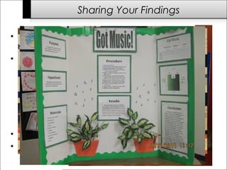 • Display most of the SI Packet info on a poster or tri-fold
board.
• Make LARGE FONT titles for these sections:
– QUESTION
– HYPOTHESIS
– MATERIALS (list)
– PROCEDURE
– RESULTS (your data table & graph)
– CONCLUSION
• Colorful borders and graphics help info stand out.
• Include photos, models, equipment, video, etc.
Sharing Your Findings
 