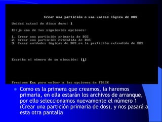 Como es la primera que creamos, la haremos primaria, en ella estarán los archivos de arranque, por ello seleccionamos nuevamente el número 1 (Crear una partición primaria de dos), y nos pasará a esta otra pantalla 