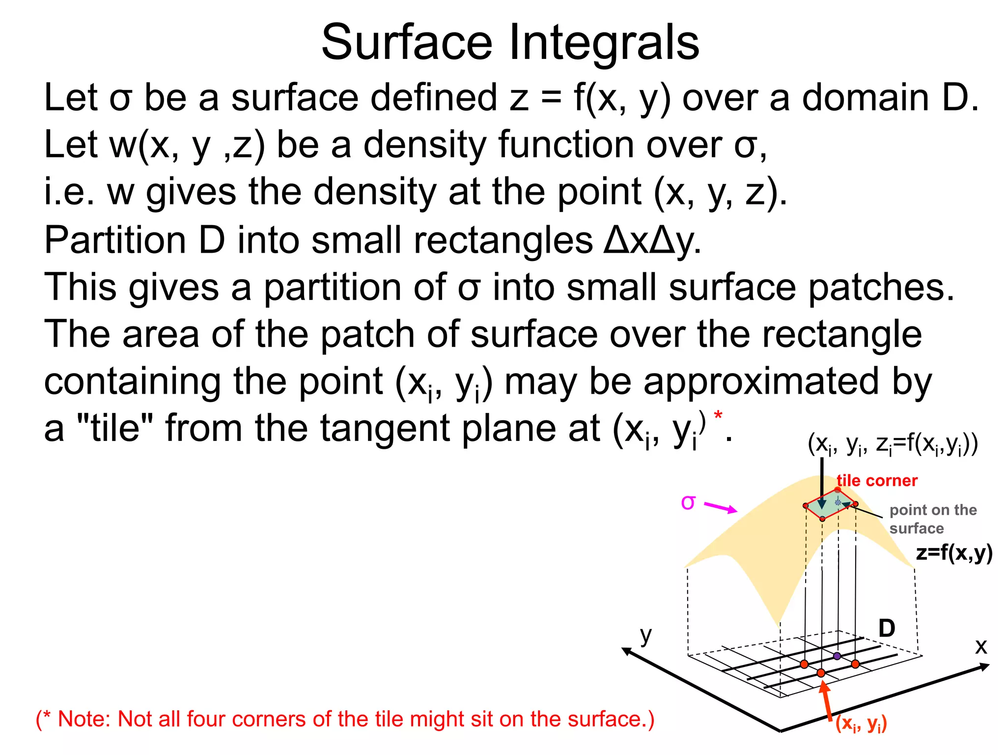 Surface Integrals
Let σ be a surface defined z = f(x, y) over a domain D.
Let w(x, y ,z) be a density function over σ,
i.e. w gives the density at the point (x, y, z).
Partition D into small rectangles ΔxΔy.
This gives a partition of σ into small surface patches.
The area of the patch of surface over the rectangle
containing the point (xi, yi) may be approximated by
a "tile" from the tangent plane at (xi, yi
) *.
x
y
(xi, yi, zi=f(xi,yi))
D
(xi, yi)
σ
z=f(x,y)
(* Note: Not all four corners of the tile might sit on the surface.)
tile corner
point on the
surface
 