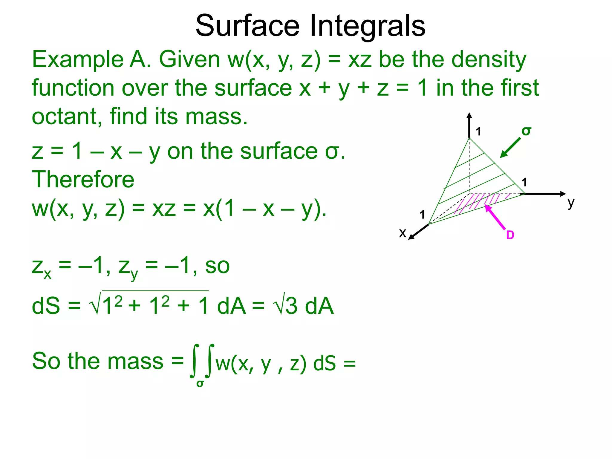 Surface Integrals
Example A. Given w(x, y, z) = xz be the density
function over the surface x + y + z = 1 in the first
octant, find its mass.
So the mass = ∫σ
∫w(x, y , z) dS =
z = 1 – x – y on the surface σ.
Therefore
w(x, y, z) = xz = x(1 – x – y).
zx = –1, zy = –1, so
dS = 12 + 12 + 1 dA = 3 dA
x
y
1
1
D
σ
1
 