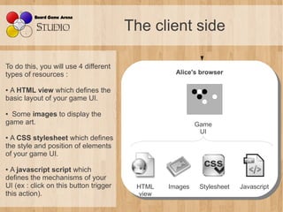 The client side

To do this, you will use 4 different
types of resources :                               Alice's browser
                                                    Alice's browser

●A HTML view which defines the
basic layout of your game UI.

● Some images to display the
game art.                                                 Game
                                                           UI
● A CSS stylesheet which defines
the style and position of elements
of your game UI.

● A javascript script which
defines the mechanisms of your
UI (ex : click on this button trigger    HTML    Images    Stylesheet   Javascript
this action).                             view
 
