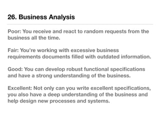 26. Business Analysis
Poor: You receive and react to random requests from the
business all the time.
Fair: You’re working with excessive business
requirements documents ﬁlled with outdated information.
Good: You can develop robust functional speciﬁcations
and have a strong understanding of the business.
Excellent: Not only can you write excellent speciﬁcations,
you also have a deep understanding of the business and
help design new processes and systems.
 