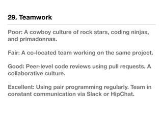 29. Teamwork
Poor: A cowboy culture of rock stars, coding ninjas,
and primadonnas.
Fair: A co-located team working on the same project.
Good: Peer-level code reviews using pull requests. A
collaborative culture.
Excellent: Using pair programming regularly. Team in
constant communication via Slack or HipChat.
 