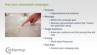 Plan your automated campaigns
• Purpose
• Organizational and audience
• Message
• Reflect the campaign goal
• Relevant, personalized content that “moves”
the subscriber along
• Target Audience
• Know your audience and the journey they will
take
• Timing
• Think about frequency
• Test Plan
• Enhance your campaign plan
 