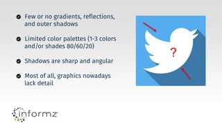 Few or no gradients, reflections,
and outer shadows
Limited color palettes (1-3 colors
and/or shades 80/60/20)
Shadows are sharp and angular
Most of all, graphics nowadays
lack detail
?
 