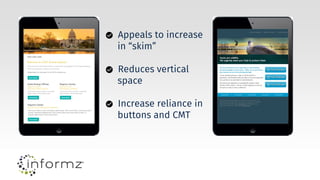 Appeals to increase
in “skim”
Reduces vertical
space
Increase reliance in
buttons and CMT
 