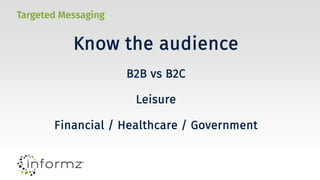 Targeted Messaging
Know the audience
B2B vs B2C
Leisure
Financial / Healthcare / Government
 